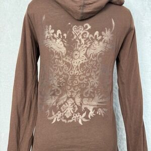 Y2K Gap Women Brown Graphic Henley Hoodie Long Sleeve Shirt Sz M Grunge burnout